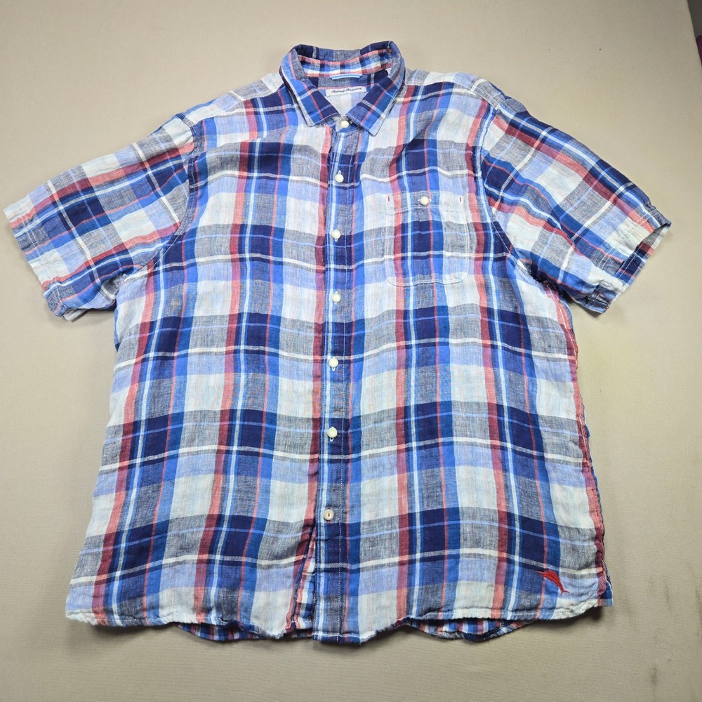 Tommy Bahama Shirt Linen Plaid Short Sleeve Blue Red Mens XXL
